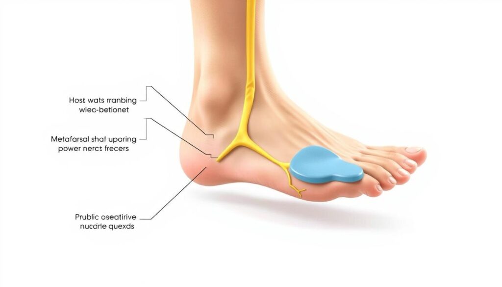 A detailed anatomical illustration of the foot, showcasing the conservative treatment for Morton's neuralgia. The scene depicts the lower leg and foot in a clean, white background, with a focus on the metatarsal region. The image should clearly show the affected nerve, surrounding soft tissues, and any relevant medical devices or interventions used in the conservative management, such as orthotic inserts or metatarsal pads. The lighting should be soft and even, creating clear, sharp details. The perspective should be slightly angled to provide a comprehensive view of the affected area. The overall mood should be informative and educational, with a clinical yet approachable aesthetic.