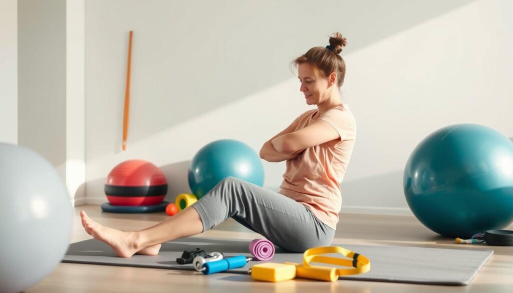 A patient performing gentle stretches and exercises on a rehabilitation mat, surrounded by supportive medical equipment like exercise balls, resistance bands, and physical therapy tools. The lighting is soft and natural, creating a calming atmosphere. The scene conveys a sense of gradual progress and healing, with the patient's focused expression indicating their dedication to the recovery process following an ankle joint surgery. The background is minimalist, allowing the subject to remain the central focus. A patient performing gentle stretches and exercises on a rehabilitation mat, surrounded by supportive medical equipment like exercise balls, resistance bands, and physical therapy tools. The lighting is soft and natural, creating a calming atmosphere. The scene conveys a sense of gradual progress and healing, with the patient's focused expression indicating their dedication to the recovery process following an ankle joint surgery. The background is minimalist, allowing the subject to remain the central focus.