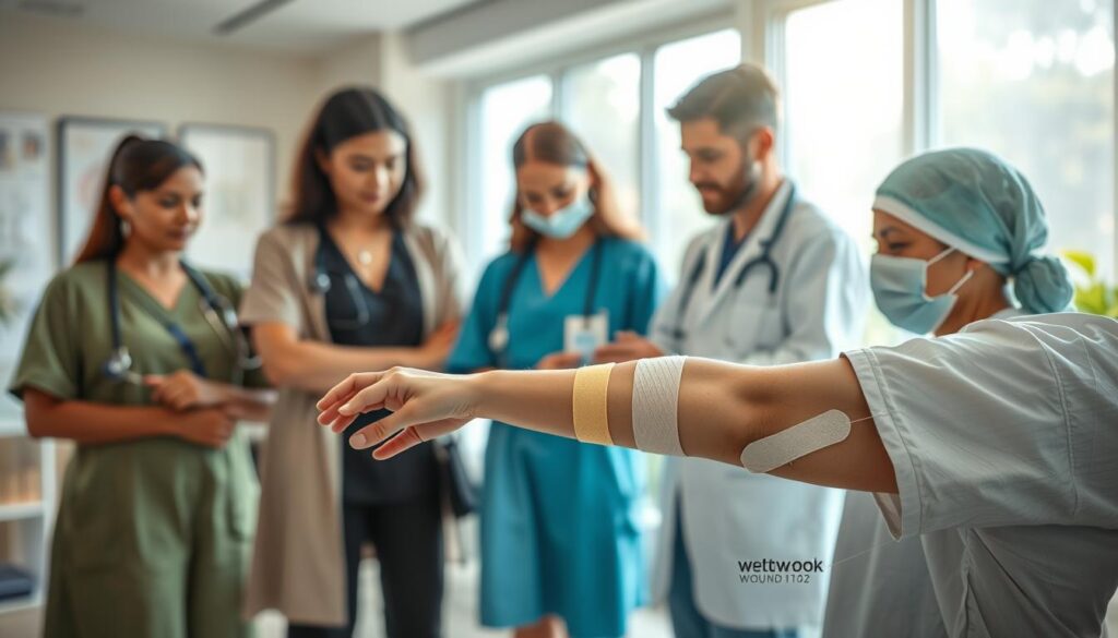 A serene healthcare setting depicting three methods of wound healing. In the foreground, a diverse group of medical professionals in modest casual clothing examines a patient’s arm with three distinct bandages applied, showcasing advanced healing techniques. The middle ground features detailed illustrations of each healing method: a natural herbal remedy, a high-tech bandage, and a surgical procedure, all labeled subtly without text. The background is filled with soft, natural light filtering through large windows, enhancing the soothing atmosphere of healing. The lens captures the scene with a gentle focus, creating a warm and inviting ambiance, emphasizing compassion and professionalism in wound care.